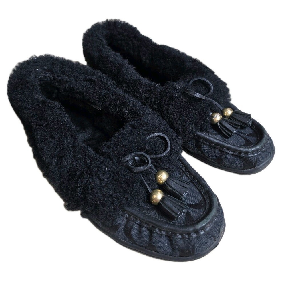 Coach Fiona Black Monogram Leather Tassle Moccasin Slipper Shearling, Size 8B